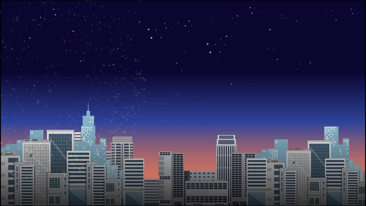 Esplosione di fuochi d'artificio vibranti in un cielo notturno stellato sopra l'illustrazione piatta di uno skyline cittadino vettoriale