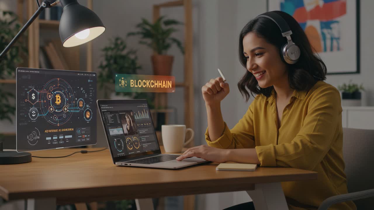 Interagindo com a Tecnologia Blockchain: Um Profissional Moderno Analisando Dados e Tendências de Criptomoedas de um Ambiente de Escritório Doméstico Aconchegante com um Laptop e Fones de Ouvido