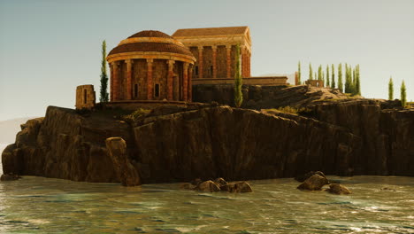 ruins of an ancient roman temple overlooking the serene waters at sunset