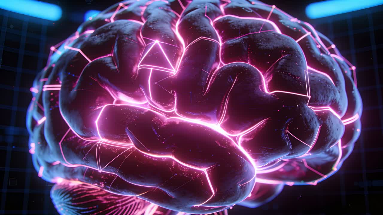 Brain rotating in tech lab, camera pan sparking neon fissures linking nodes showing brain activity