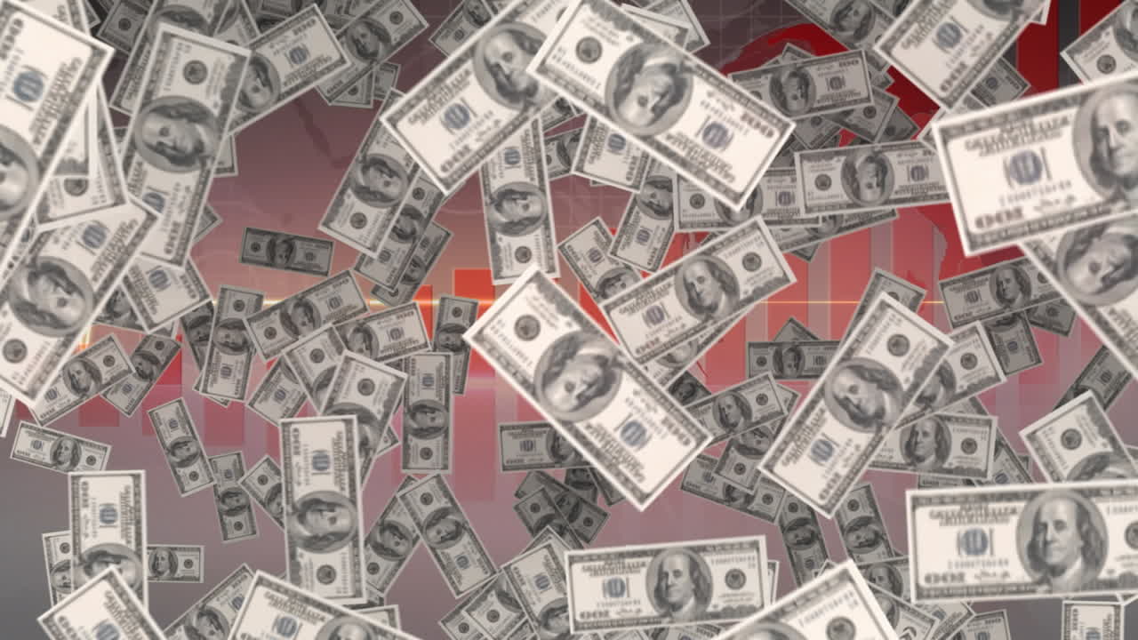 animación de billetes de dólares estadounidenses flotando sobre un monitor de frecuencia cardíaca y un globo terráqueo