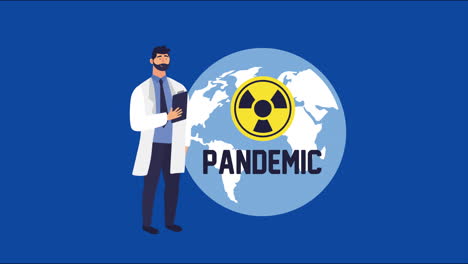 médico con partículas de covid-19 y señales de precaución