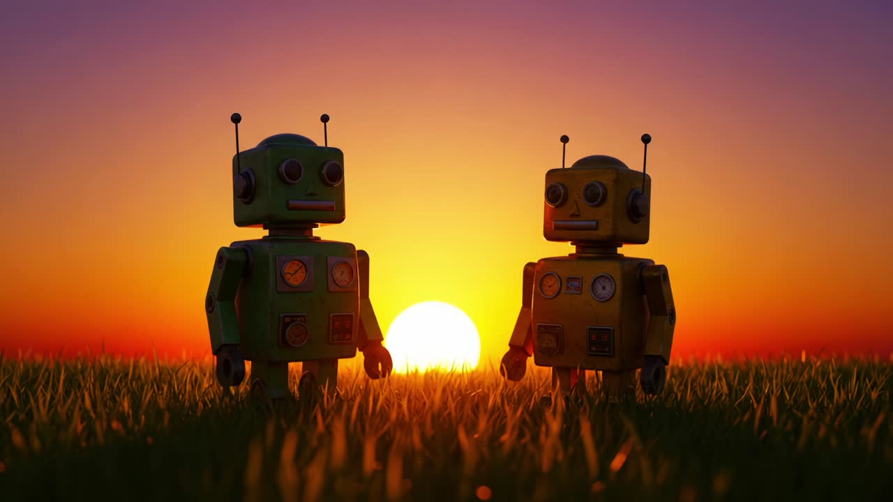 Due affascinanti robot vintage che guardano il tramonto, immortalati in un rigoglioso campo verde, a simboleggiare amicizia e immaginazione sotto un cielo colorato.