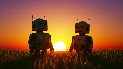 two charming vintage robots gazing at the sunset, captured in a lush green field, symbolizing friendship and imagination under a colorful sky