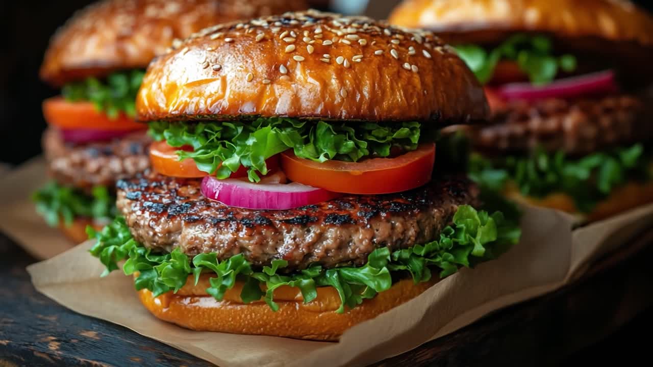 Burger with lettuce, tomato, and onion