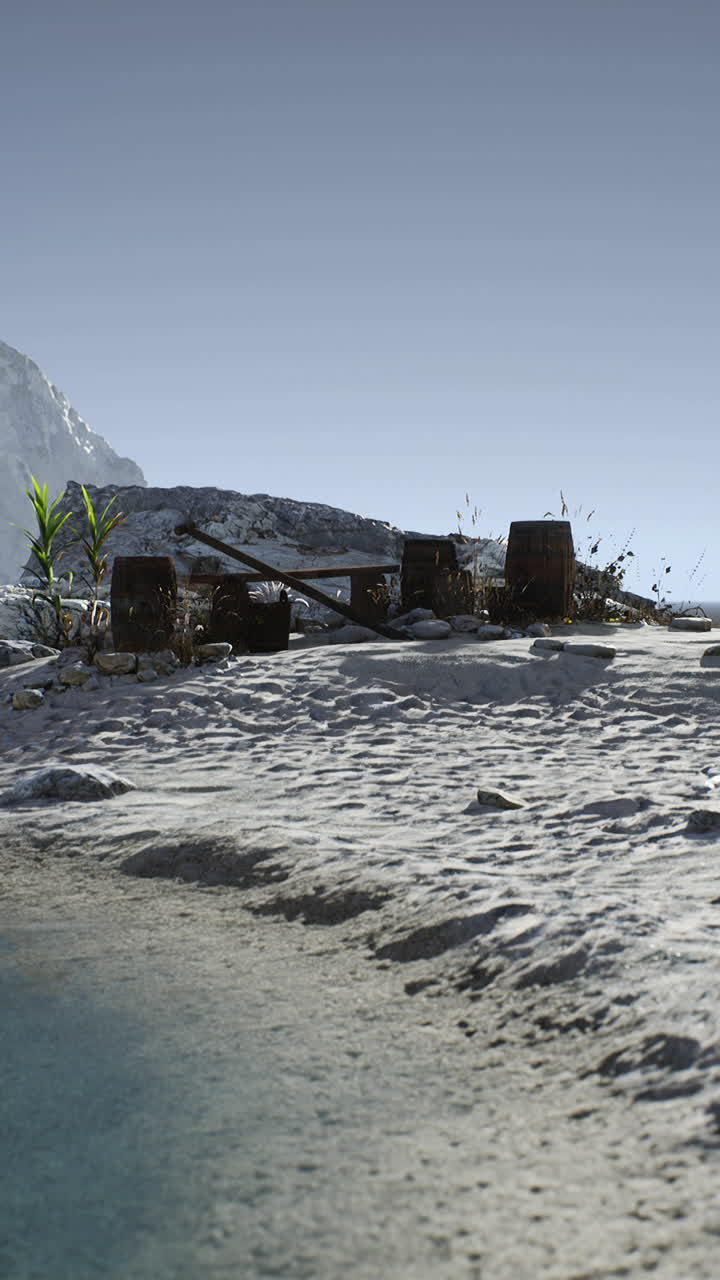 나무 배럴이 있는 황폐한 해변