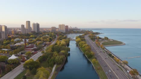 birds eye aerial view of chicago lakeshore drive, path, lake