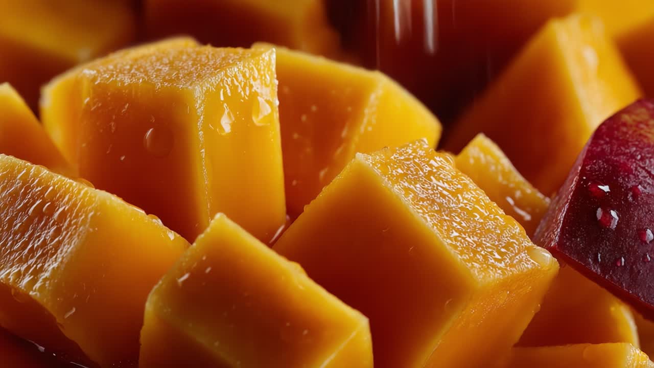 Zbliżenie na soczyste kostki mango błyszczące świeżością: bogata wizualizacja tropikalnych przysmaków gotowych do spożycia w różnorodnych kreacjach kulinarnych.