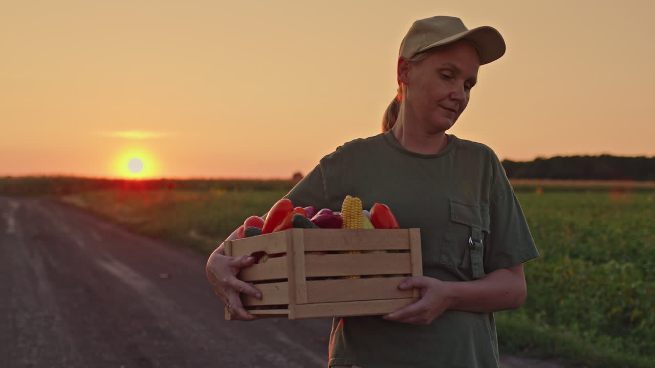 Farmer with a basket of fresh produce at sunset
