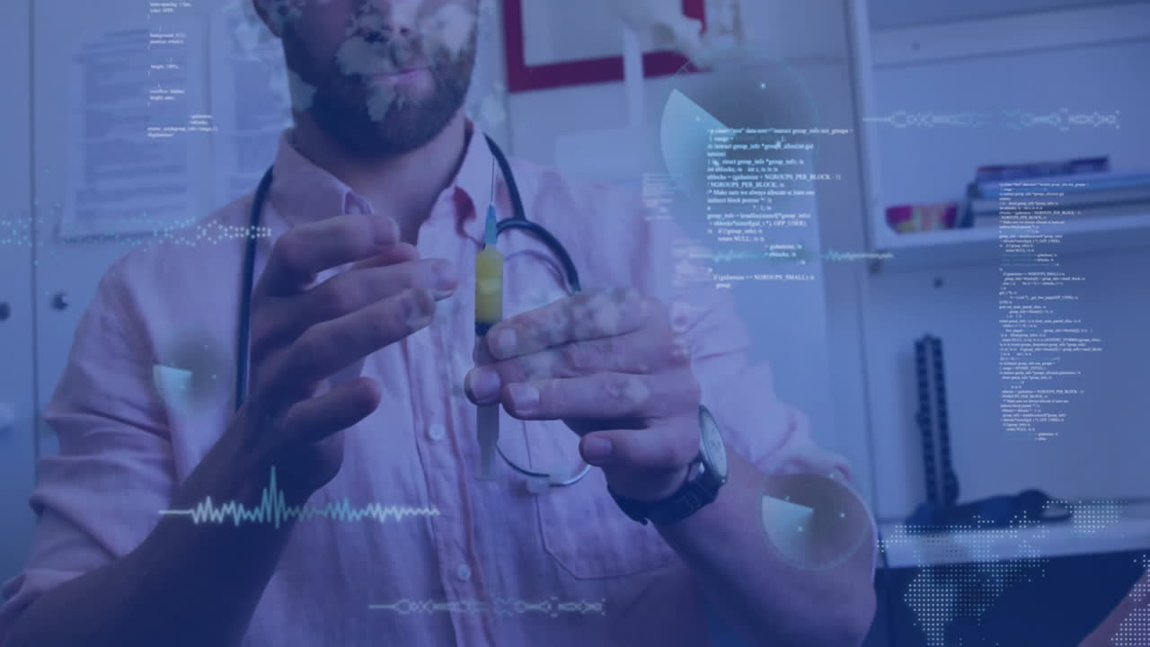 Medical professional analyzing test tube with digital data overlay animation