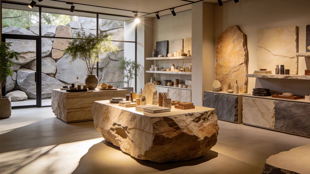 Una telecamera scorrevole rivela un tavolo centrale in pietra grezza in una boutique, mettendo in risalto vasi in ceramica.