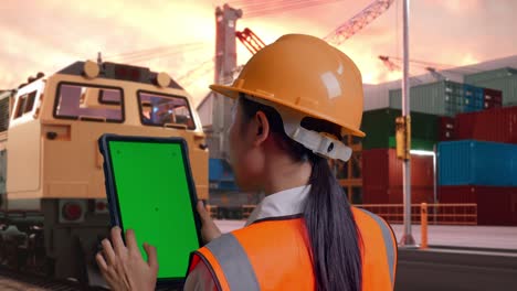 close up back view of asian female engineer with safety helmet working on a green screen tablet and looking around with freight cargo train at port
