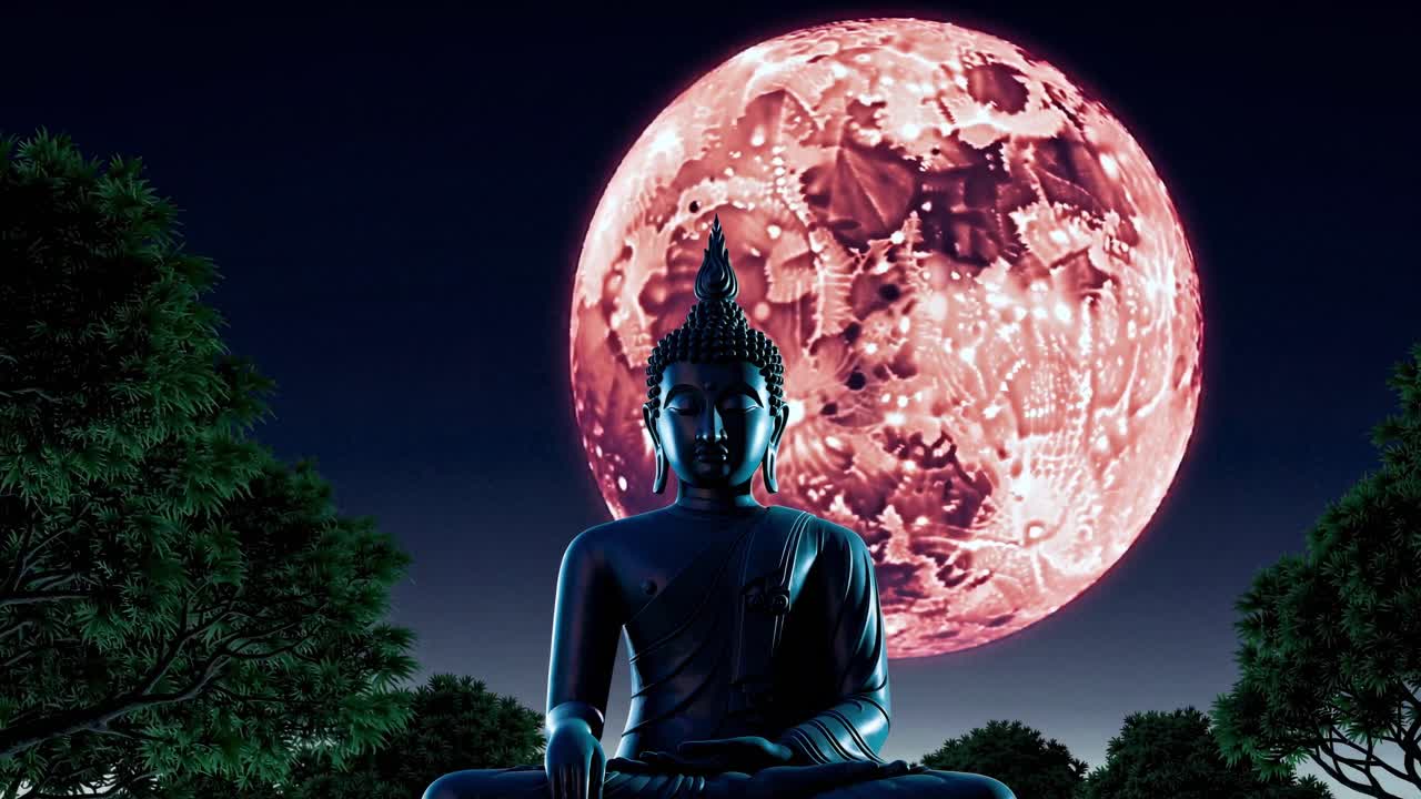 Serene Buddha statue sits in meditation against the backdrop of a large, glowing moon. The scene is surrounded by lush greenery, creating a tranquil and spiritual atmosphere