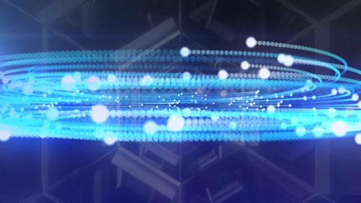 Animation of glowing fibre optics turning with futuristic tunnel moving in background
