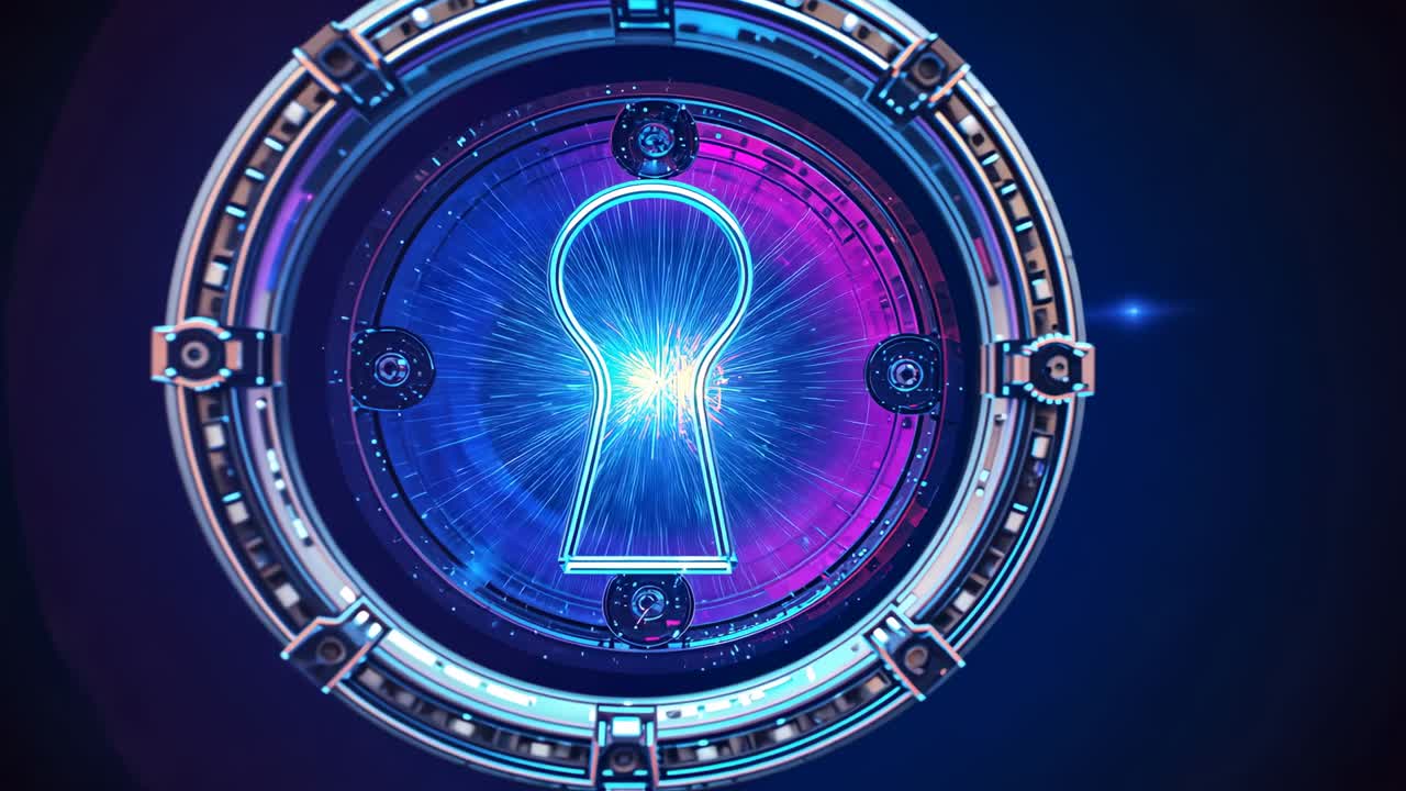 Igniting energy filaments firing central metal portal rotating in sci-fi void, with neon keyhole