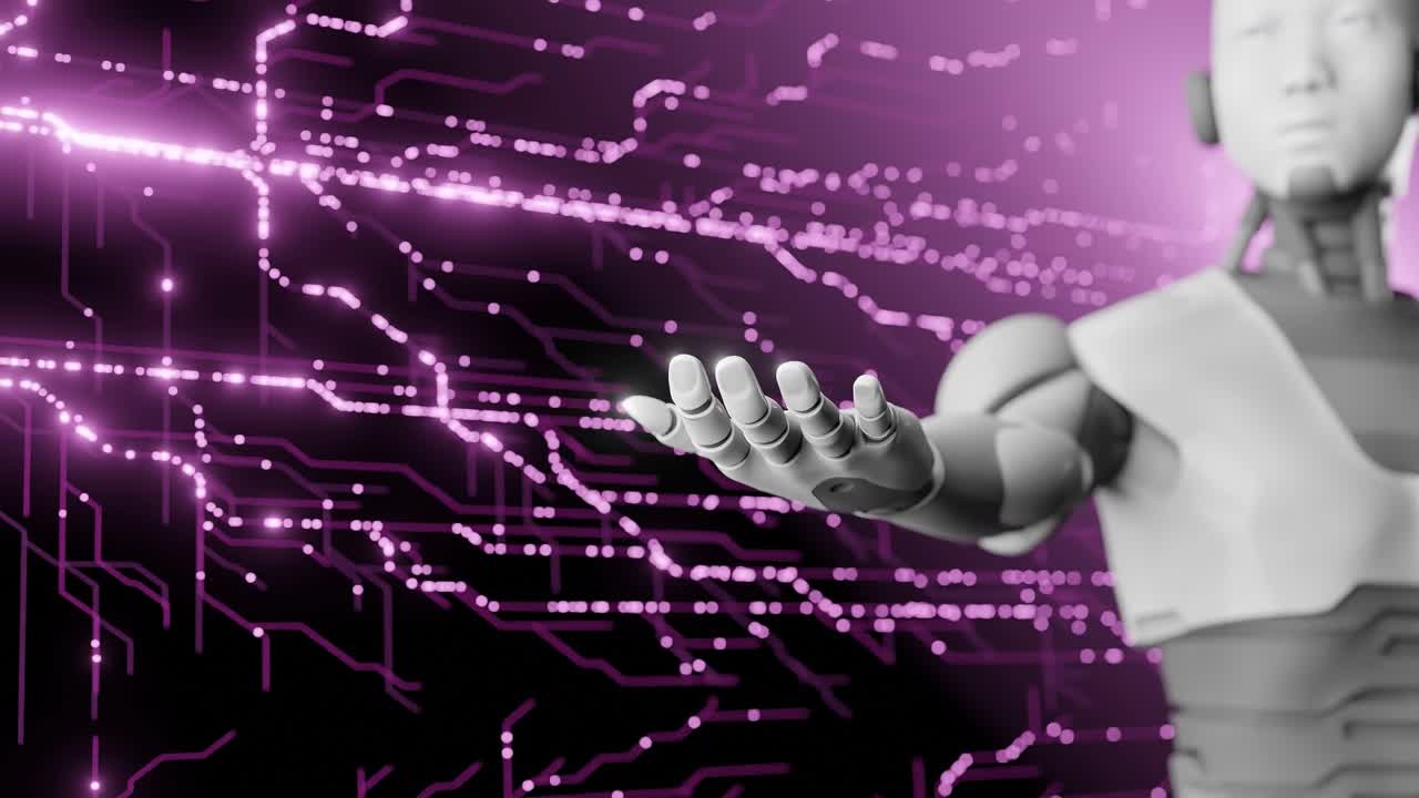 robot humanoide extendiendo la mano con circuitos digitales fondo rosa concepto de tecnología futurista inteligencia artificial y innovación robótica para diseño e impresión