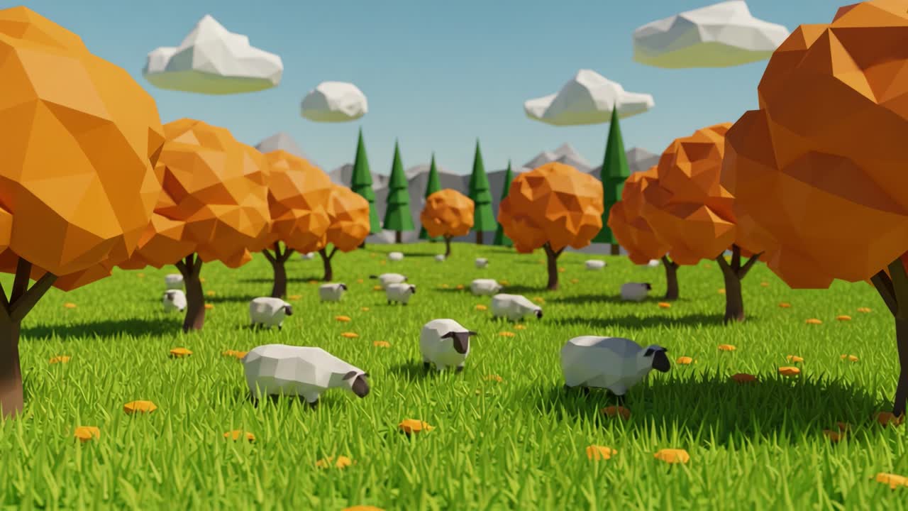 En livlig og legende scene med polygonale får, der græsser i et farverigt low-poly landskab under en lys himmel med frodigt grønt græs og efterårstræer