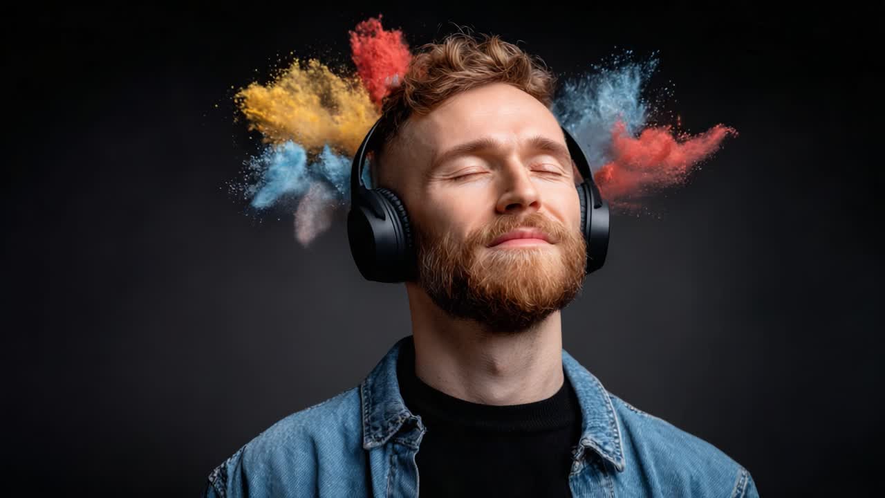 A Vibrant Fusion of Sound and Color: A Man Lost in Music as Colorful Dust Swirls Around His Head, Capturing the Essence of Imagination and Creativity