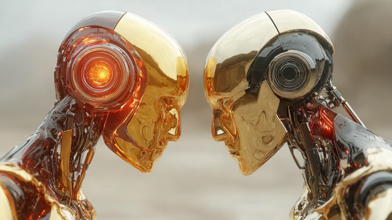 Two advanced humanoid robots face each other in a dramatic confrontation, showcasing intricate designs with golden and silver elements, embodying the clash of technology and emotion