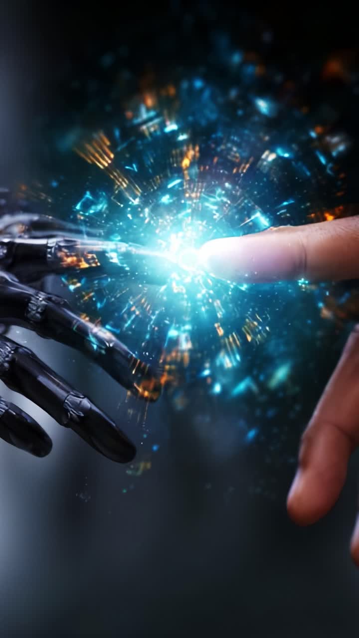 Um vislumbre do futuro: a conexão entre o ser humano e a máquina através de uma esfera de energia transformadora, que significa unidade e progresso na tecnologia