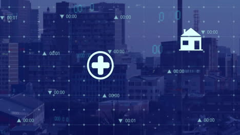 Animación-Del-Procesamiento-De-Datos-Con-Iconos-Sobre-El-Paisaje-Urbano