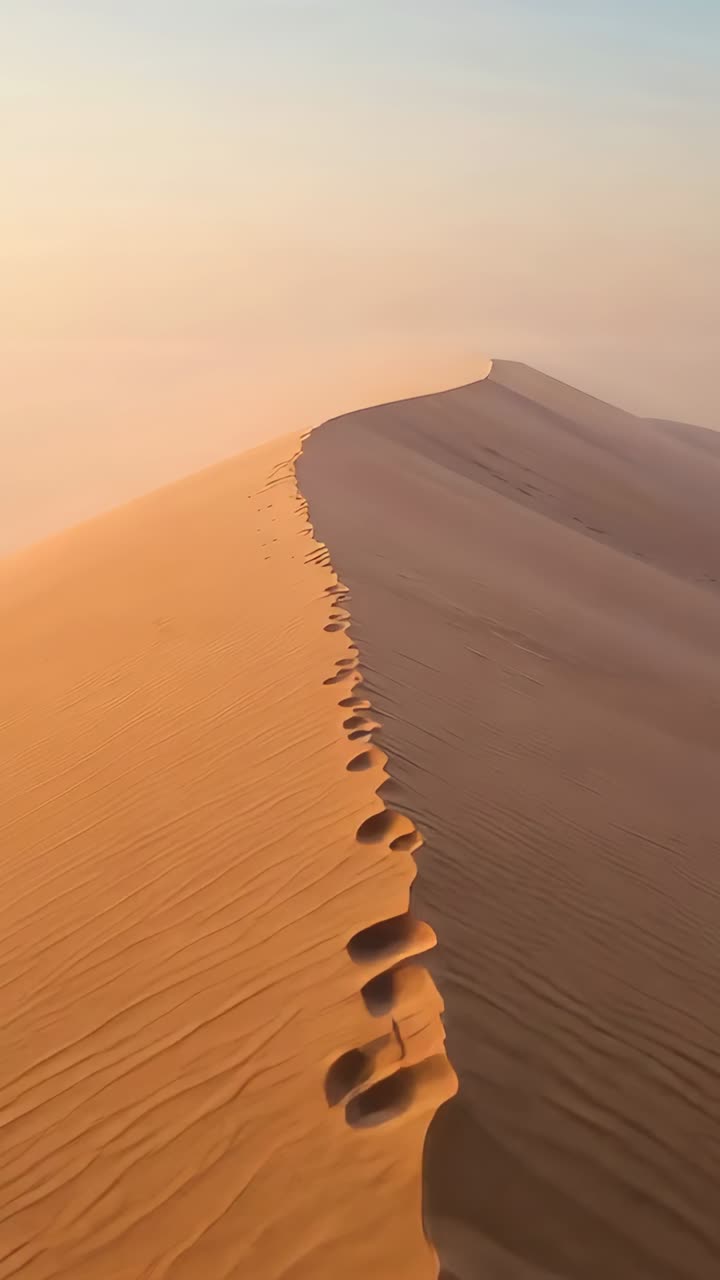 Video verticale: telecamera in movimento che scorre lungo la cresta di una duna nel deserto, rivelando trame e impronte