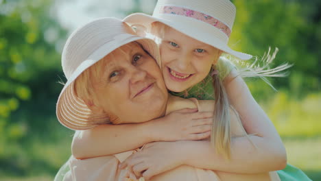 a carefree gay girl runs up to her grandmother and hugs her tightly around her neck have a good time