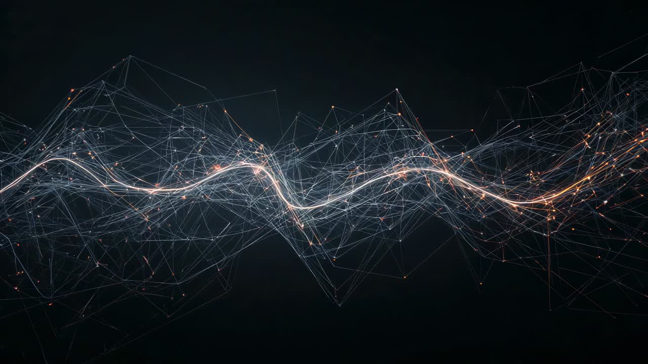 Pulsing central waveform undulating in dark void, sending left-right pulses, sparking mesh nodes