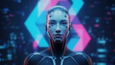 futuristic android representation in a dazzling digital environment featuring geometric patterns and vibrant colors, symbolizing advanced technology and ai innovation
