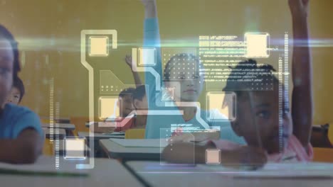 animación de niños en un aula sobre el procesamiento de datos en el fondo