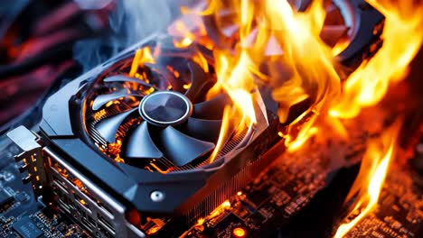 A computer motherboard with a fan on top of it on fire
