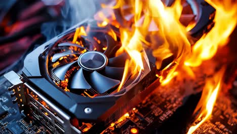 a computer motherboard with a fan on top of it on fire