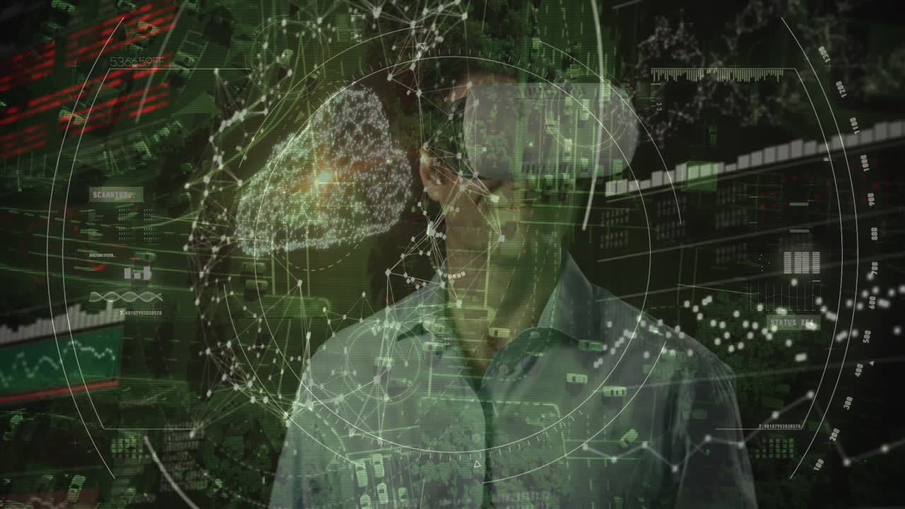 animación del escaneo del alcance y el procesamiento de datos sobre el hombre que usa auriculares vr