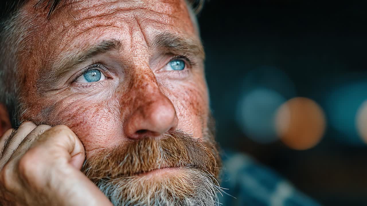 Un uomo riflessivo medita sulla vita con occhi azzurri intensi ed espressione contemplativa, catturando le emozioni in un momento di profonda riflessione