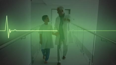 Animation-of-heart-rate-monitor-over-caucasian-senior-male-doctor-holding-hands-with-boy-at-hospital
