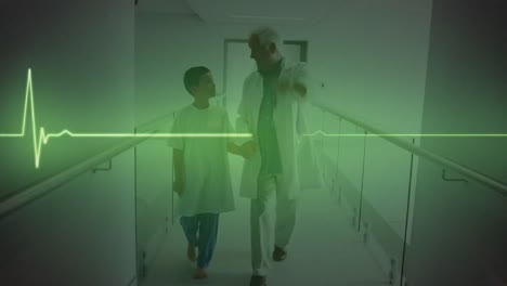 animation of heart rate monitor over caucasian senior male doctor holding hands with boy at hospital