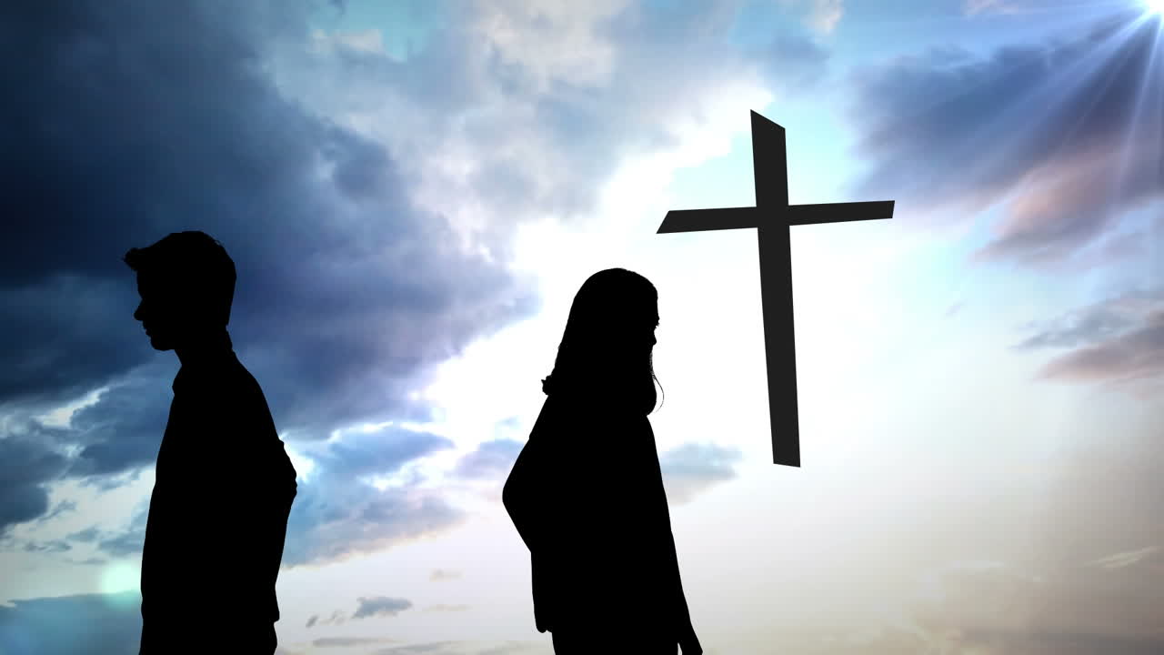 구름 과 십자가 위 에 있는 형제 자매 의 실루 ⁇  의 애니메이션