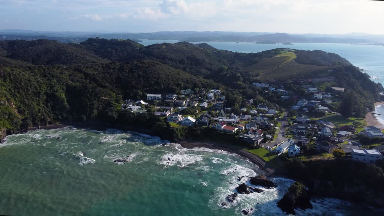 AERIAL Approach of a Remote Beach in Bay of Islands, New Zealand