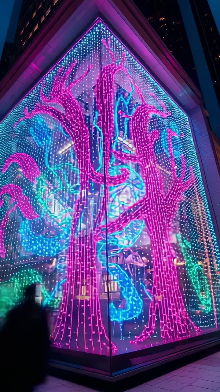 Vertical video: Camera opening framing glass LED shifting neon vines in plaza, pedestrians passing