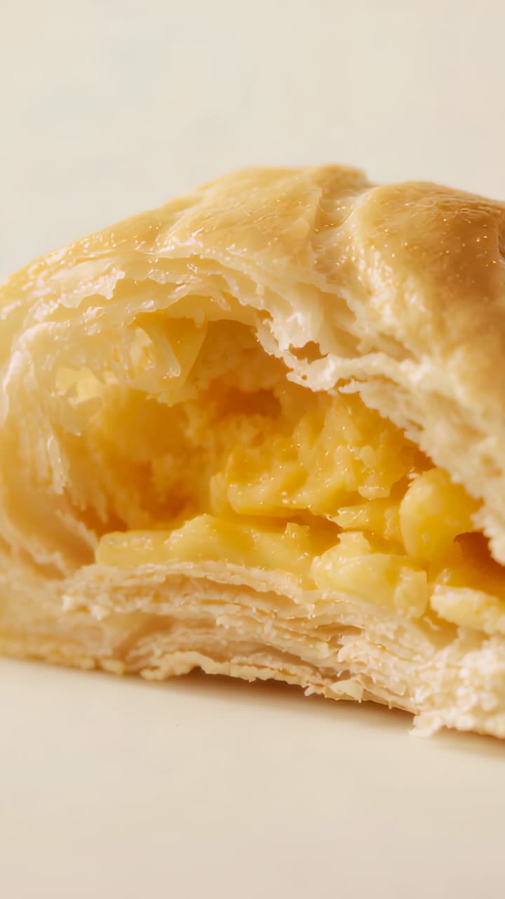 Vertical video: Shifting camera focus showing bitten laminated pastry in studio with yellow filling