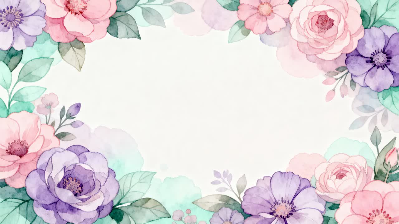 Borda floral em aquarela em movimento sobre papel com lavagem suave, deslocando-se para o interior como molduras que reservam o núcleo para texto.