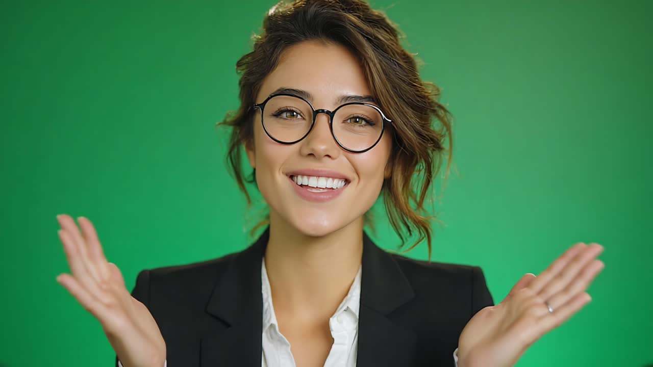 A confident woman in a black blazer with glasses smiles and gestures enthusiastically, showcasing a vibrant green background and an engaging presence in two dynamic frames
