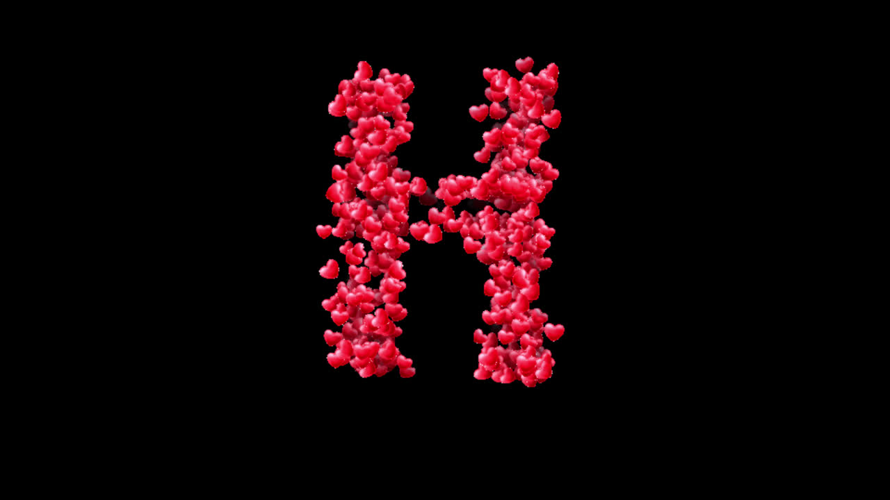 Animazione della lettera H formata da particelle a forma di cuore su sfondo trasparente.
