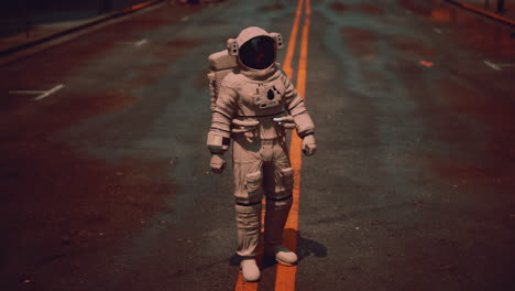 astronaut on a deserted city street at night