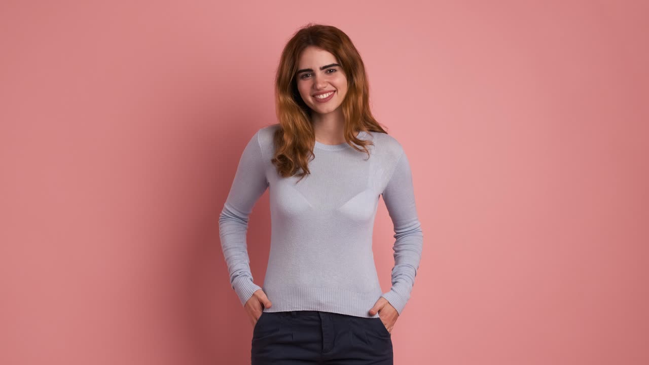 Giovane donna sicura di sé con un outfit casual che sorride in studio