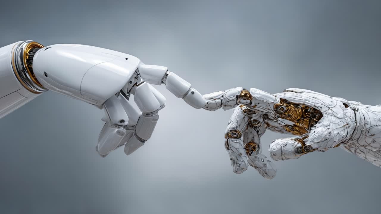 A Fascinating Encounter Between Two Robotic Hands: Exploring the Connection Between Technology and Humanity Through the Art of Machine Interaction