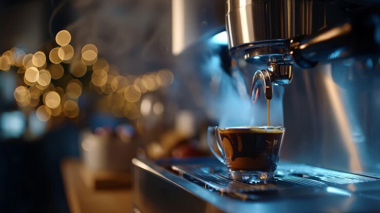 Il vapore sale delicatamente da una tazza fumante. Luci dorate sfumano dolcemente sullo sfondo. Il caffè scende lentamente, ricco e vellutato. Un'atmosfera calda e accogliente pervade la scena. Ideale per caffè, lifestyle.