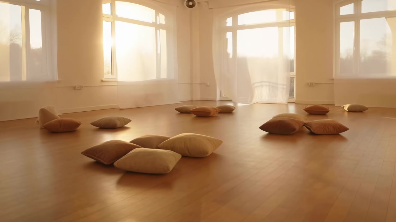 La calda luce del giorno inonda un interno spazioso e minimale con pavimenti in legno lucido, grandi finestre e tende velate. Diversi morbidi cuscini poggiano sul pavimento.