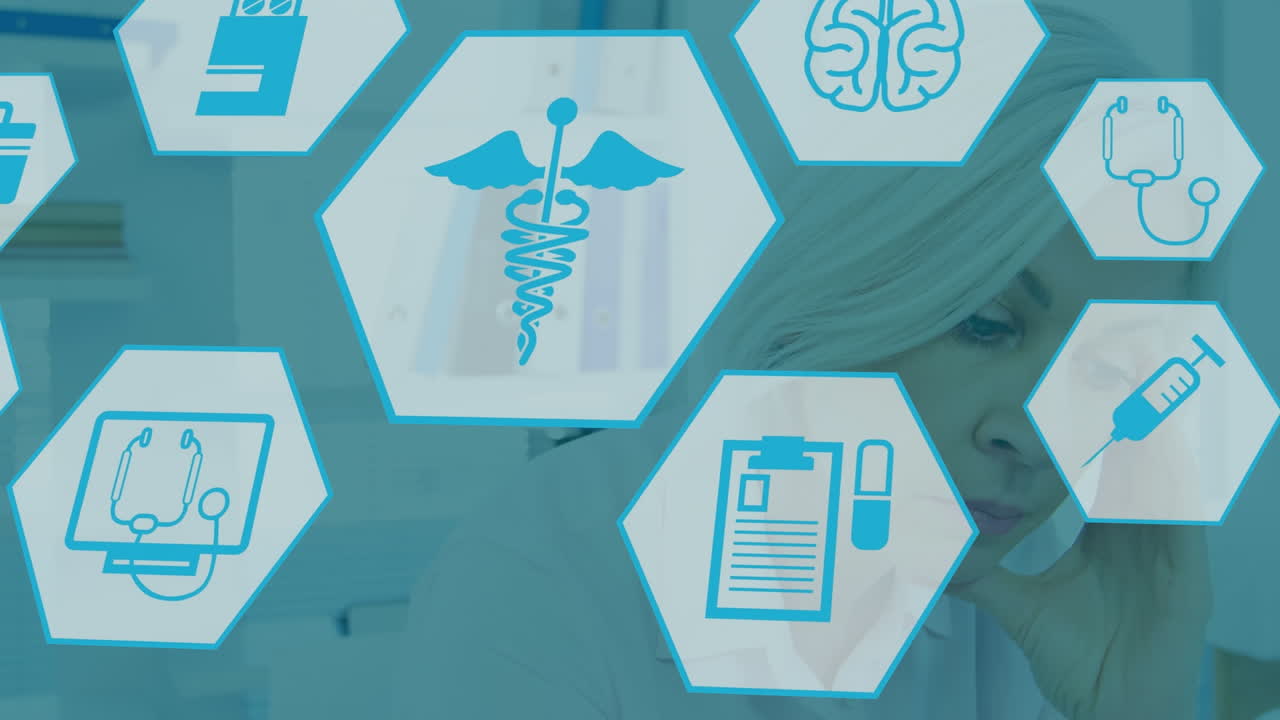 animación de iconos médicos sobre una doctora caucásica