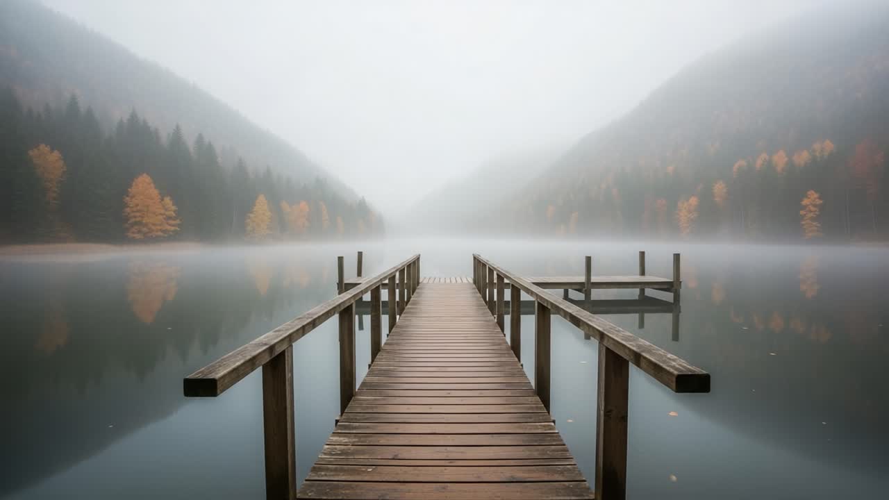 A Serene Misty Morning at the Lake: Capturing the Tranquility of Nature with a Scenic Dock Overlooking Reflective Water and Autumn-Foliaged Trees in the Background